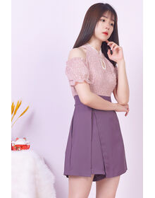 Fine Pearl Details Cold Shoulder Overlay Cheongsam Playsuit (Red Bean + Purple)